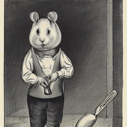 Image similar to an immortal dead hamster in a butcher's suit with an evil face, in an apron covered in blood, holding cleavers in his hands. the hamster has 4 arms. front view.