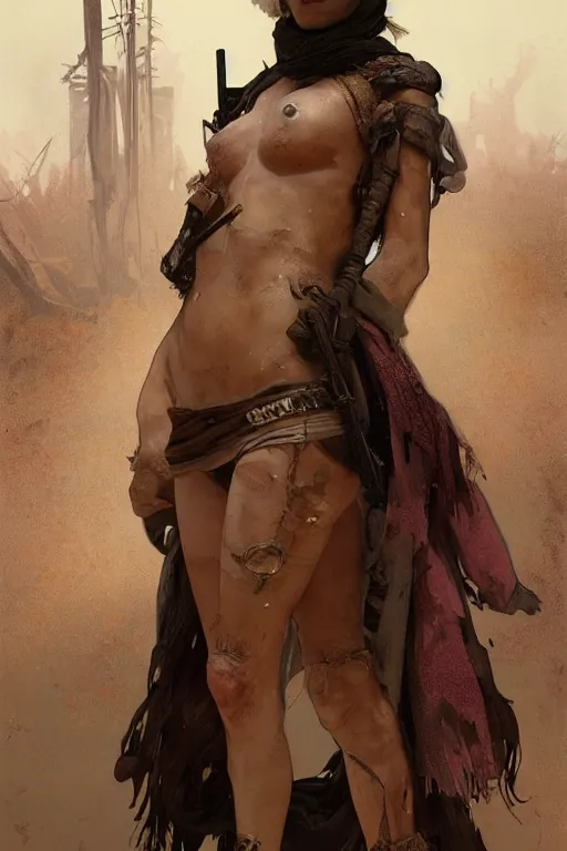 Prompt: a full body portrait of a beautiful post apocalyptic offworld enchanters district bedouin blind pulp fiction scarlet wild rogue barbarian leper begging by the roadside, intricate, elegant, highly detailed, digital painting, artstation, concept art, smooth, sharp focus, illustration, art by krenz cushart and artem demura and alphonse mucha