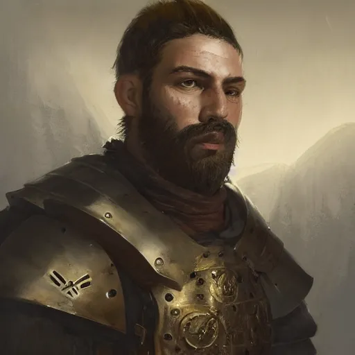 Image similar to Closeup of frustrated male medieval lieutenant with a {short} beard wearing a black!!!! and yellow tabard over a steel breastplate and a black gambeson looking up from a map on a table, intricate, dramatic lighting illustration by Greg Rutkowski, ArtStation, digital art, fantasy