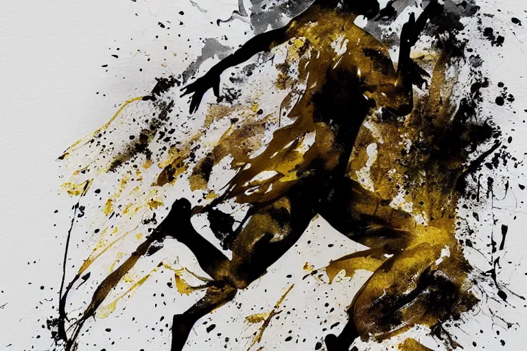 Image similar to beautiful serene running woman, healing through motion, life, minimalistic golden and ink airbrush painting on white background, pristine