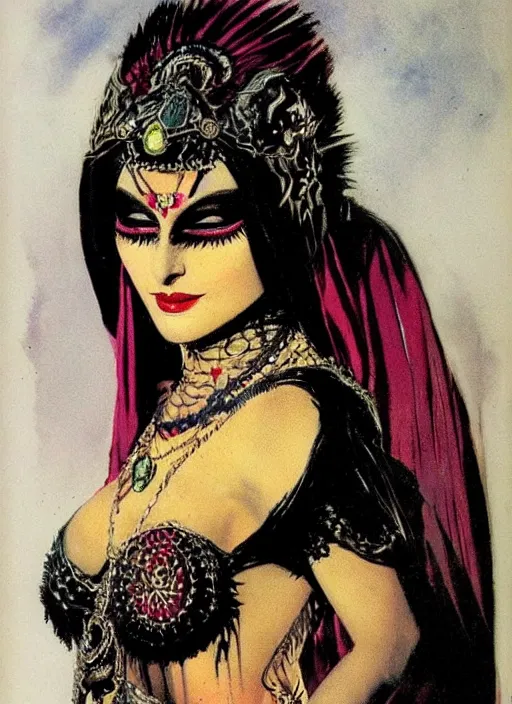 Image similar to female indian vampiress, jeweled veil, heavy mascara, strong line, saturated color, beautiful! coherent! by frank frazetta, high contrast, minimalism