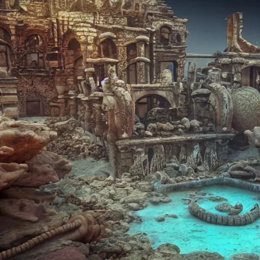 Image similar to 8 k hd detailed octane render of ruins of a sunken city under the sea