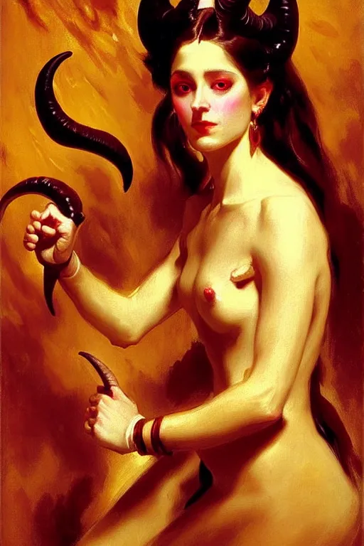 Image similar to painted close - up portrait of a attractive red - skinned intimidating demon girl with ram horns! oil painting, wearing a noblewoman's outfit, fantasy art by john singer sargent and gaston bussiere and james jean, demon noble character design, hd