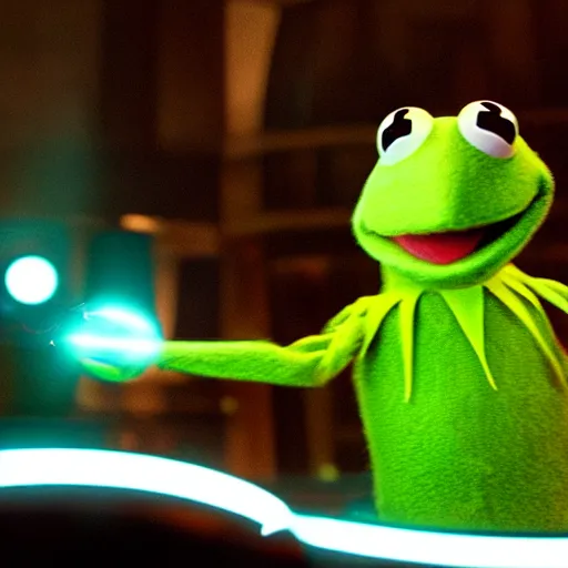 Prompt: a still from Tron:Legacy with kermit the frog in a disc battle