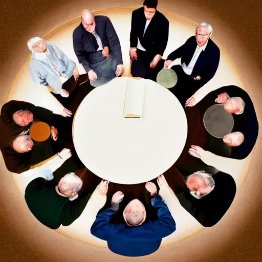 Image similar to mild umber by willem van haecht, by john pawson. a beautiful photograph of a group of people standing around a circular table. in the center of the table is a large, open book. the people in the photograph are looking at the book with interest & appear to be discussing its contents.