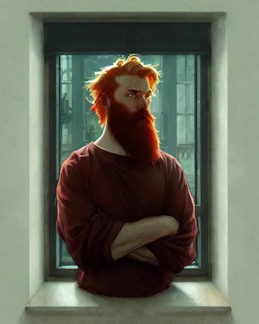 Prompt: attractive red - headed bearded man looking out the window sadly, highly detailed, digital painting, artstation, concept art, smooth, sharp focus, illustration, art by artgerm and greg rutkowski and alphonse mucha