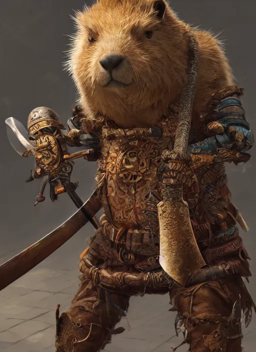 Prompt: detailed full body concept art illustration, oil painting on canvas of an anthropomorphic capybara barbarian swinging a broad sword in full intricate clothing, biomutant, dystopian, micro detail, octane render, 4K