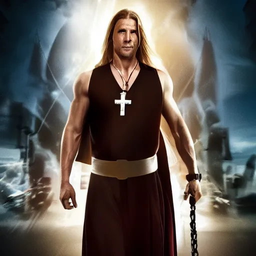 Prompt: action movie hero wearing dressed in priest's robes with a cross necklace. movie poster. 4k. Long flowing hair. nipples of steel.