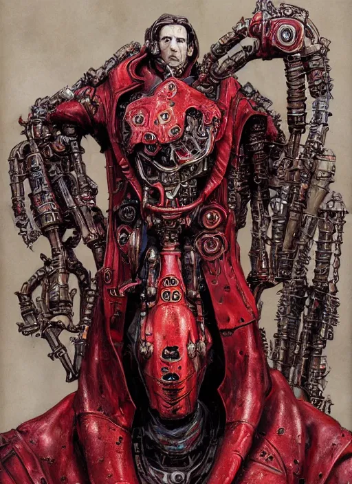 Prompt: portrait of rotten Nicolas Cage as adeptus mechanicus in red hood and robe from Warhammer 40000, mechanical tentacles. Highly detailed, artstation, illustration by and John Blanche and zdislav beksinski and wayne barlowe