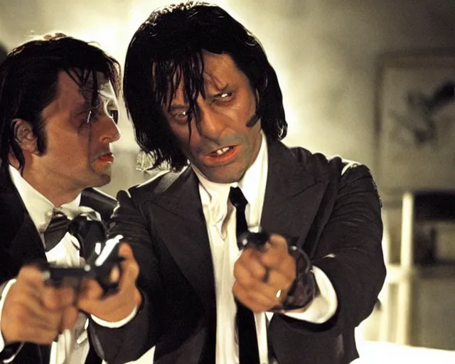 Image similar to detailed Mads Mikkelsen as Vincent Vega in Pulp Fiction with his partner Jules Winnfield, movie scene