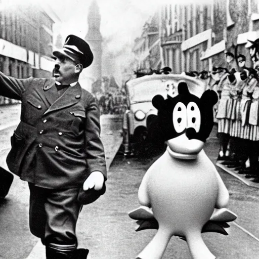 Image similar to historic black and white photograph of adolf hitler and colorful donald duck at a nazi parade in 1 9 3 6