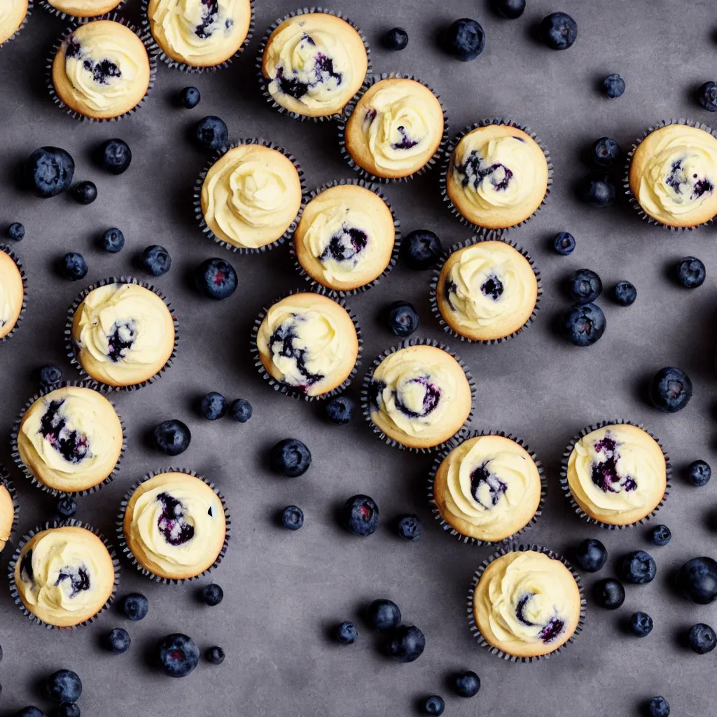 Image similar to a plate with blueberry cupcakes, dynamic lighting, bokeh, hyper realistic, award winning food photography