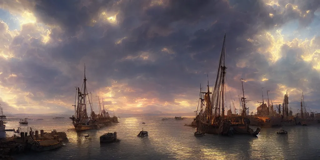 Prompt: beautiful seventeenth century harbour, vivid colors, gorgeous clouds, god rays, digital art, landscape, fantasy art, octane render, ureal engine, high detail, very realistic, by greg rutkowski. by james gurney