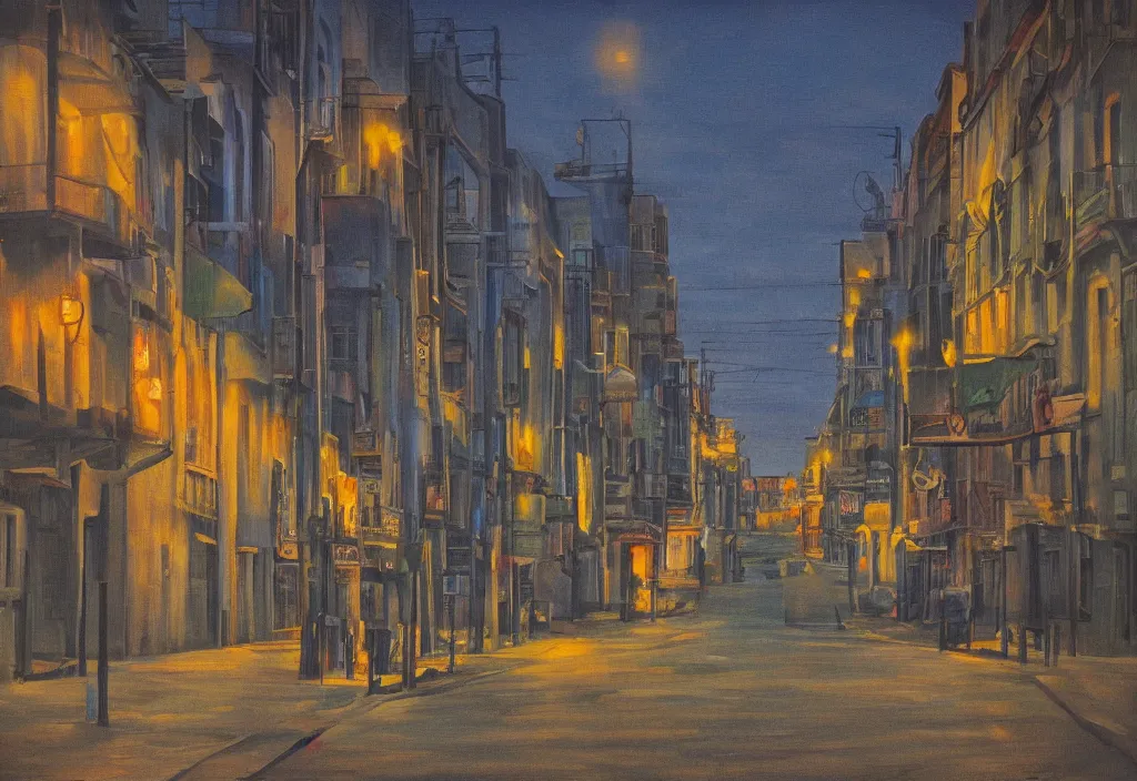 Prompt: A street at twilight in the peaceful streets of the city, surrealist style