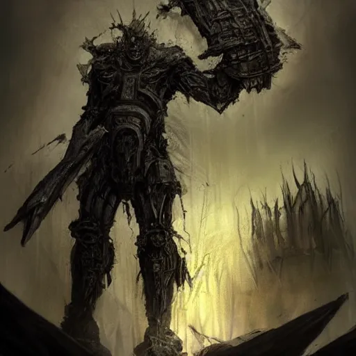 Image similar to Concept art of a half destroyed (Sentinel) holding the (mythical) (blade) of the ruined king, (abandoned) (ruins), terror, digital art, destruction, the (void,) ominous vibes, heroism, fear, very detailed, evil, smoke, trending on artstation, intricate details, high definition, 16k, Artstation, by John Wallin Libert, Antoine Collignon and Pablo Dominguez