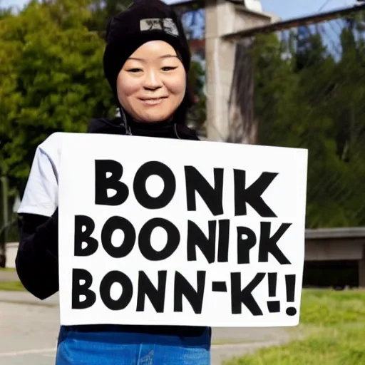 Image similar to shiba inu holding holding a sign with text that reads bonk, in paws