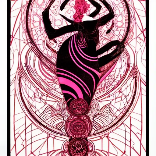 Prompt: rebound, pink maroon and black, detailed linework, cinematic, psychedelic, black paper, ornate, symmetrical, tarot card, highly detailed, ink illustration, style of peter mohrbacher, golden ratio, 8k,