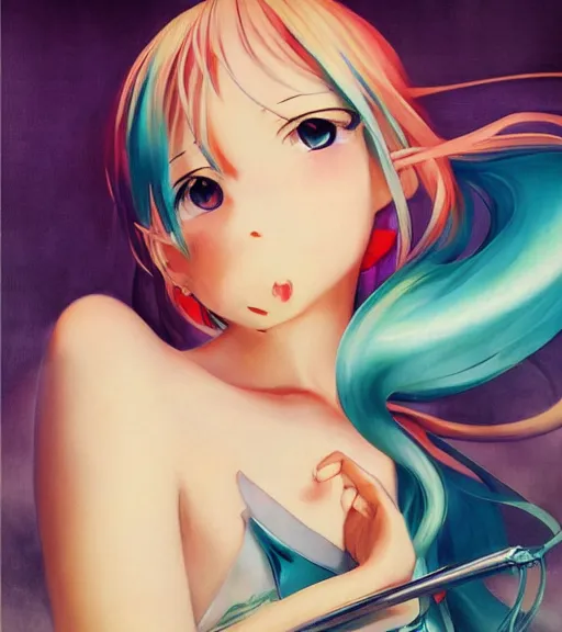 Image similar to Anime art very beautiful Hatsune miku by Gil Elvgren, Vladimir Volegov, Earl Moran, Enoch Bolles, symmetrical shoulders