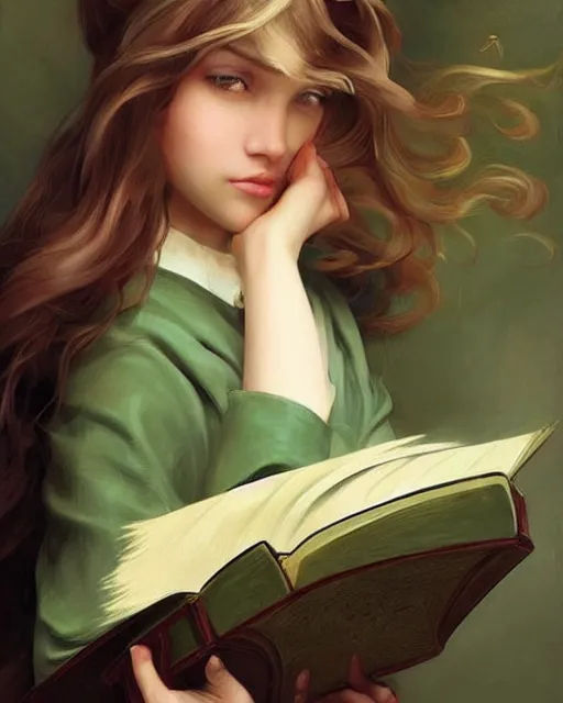 Image similar to a girl reading a book, her hair flowing down, beautiful face, oil on canvas, artstation, by j. c. leyendecker and edmund blair leighton and charlie bowater, beautiful face, octane, very aesthetic!!!!!!!!!!!!!!! stunning gorgeous green eyes