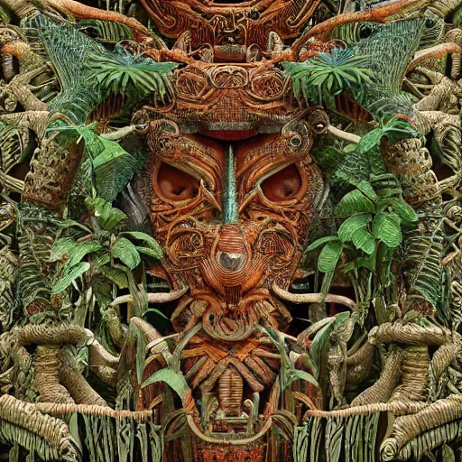 Image similar to mayan supernatural beings, pattern, jungle, intricate entanglement of botanical features, intricate details, octane render, trending on deviantart