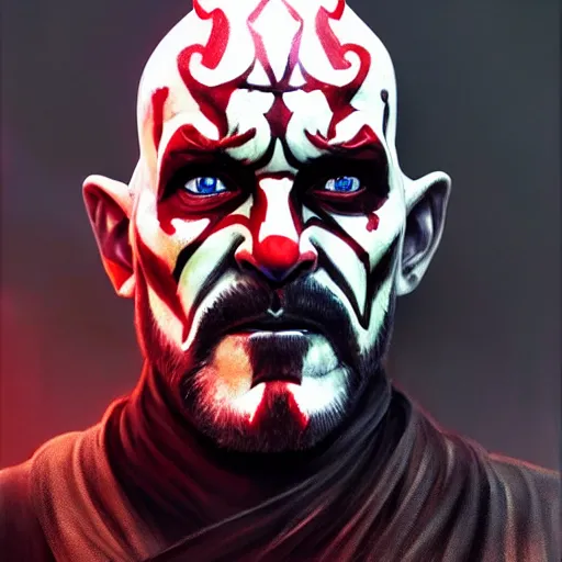 Image similar to darth maul, smirking, portrait, intricate, detailed, volumetric lighting, scenery, digital painting, highly detailed, artstation, sharp focus, illustration, concept art, ruan jia, steve mccurry