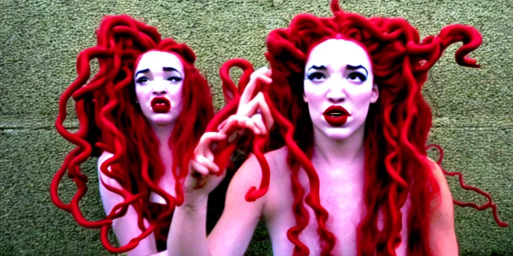 Image similar to camcorder video of young woman as medusa as miranda sings, multiple poses, 6 4 0 x 4 8 0 low resolution video