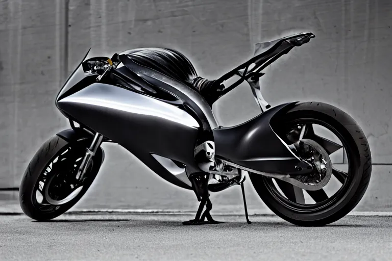 Image similar to A professional garage photograph of a futuristic super bike made of a slick metallic substance.