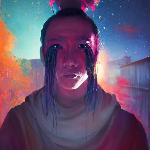 Image similar to colorful character portrait of a chinese prisoner at night lit by the stars, wispy smoke, highly detailed face, very intricate, symmetrical, cinematic lighting, award - winning, painted by mandy jurgens, peter doig, dystopian, bold colors, dark vibes, anime aesthetic, featured on artstation