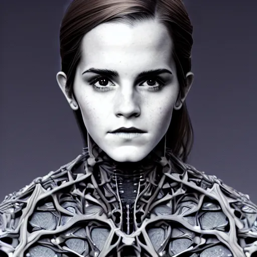 Prompt: beatifull frontal face portrait of Emma Watson, biomechanical sculpture, mandelbrot fractal, intricate, elegant, highly detailed, ornate, elegant , luxury, beautifully lit, ray trace, octane render in the style of Gerald Brom and James gurney