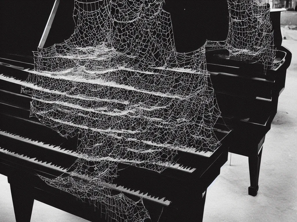 Prompt: “ grand piano, thick layers of spider webs ”