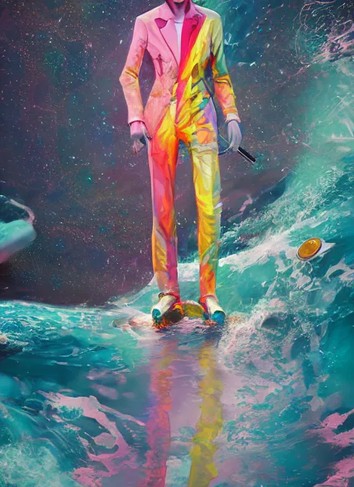 Prompt: detailed full body concept art illustration colorful pastel painting of a david bowie on the ocean in full intricate clothing, ultra detailed, digital art, octane render, 4K, dystopian, micro details