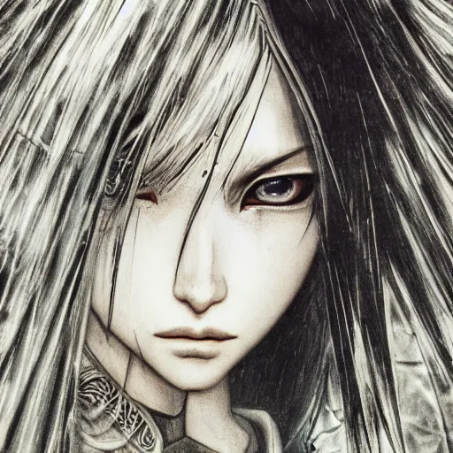 Image similar to yoshitaka amano realistic illustration of an anime girl with black eyes, wavy white hair fluttering in the wind and cracks on her face wearing elden ring armor with engraving, abstract black and white patterns on the background, noisy film grain effect, highly detailed, renaissance oil painting, weird portrait angle, three quarter view, head turned to the side