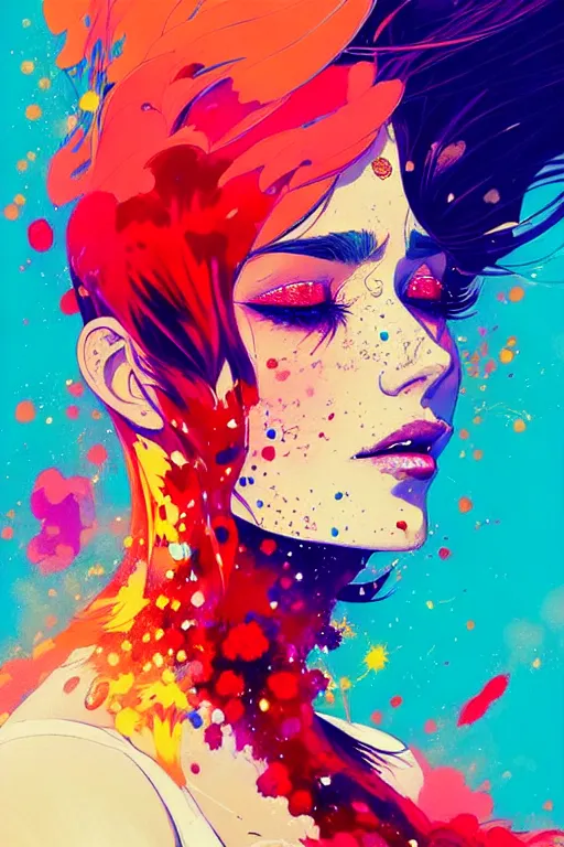 Image similar to a ultradetailed beautiful panting of a woman with a colorful explosion coming out of her neck, by conrad roset, greg rutkowski and makoto shinkai, trending on artstation