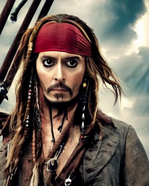 Image similar to David Tennant in the role of captain jack sparrow, film still, amazing short, 8K, IMAX, ultra detailed