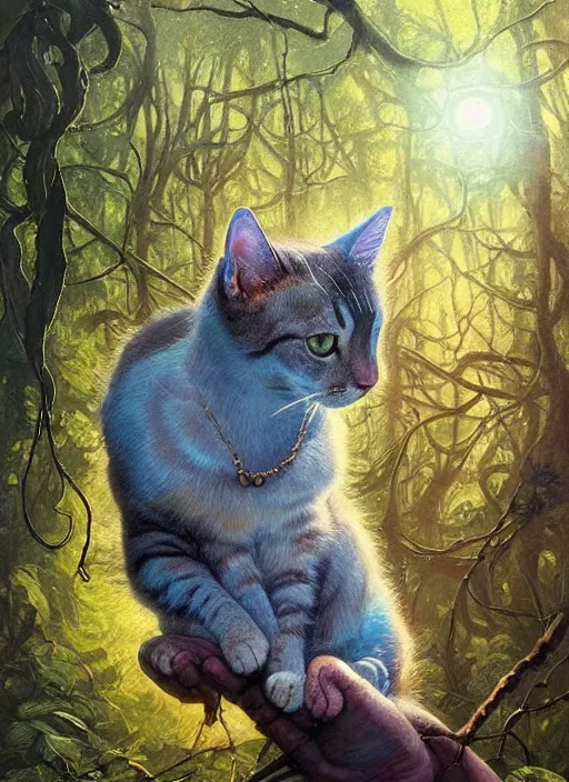 Image similar to a hyper realistic cat god with happy lighting and technology jewelry in the woods gorgeous lighting, sunbeams blue sky, lush forest foliage painting by chiara bautista and beksinski and norman rockwell and greg rutkowski weta studio, and lucasfilm