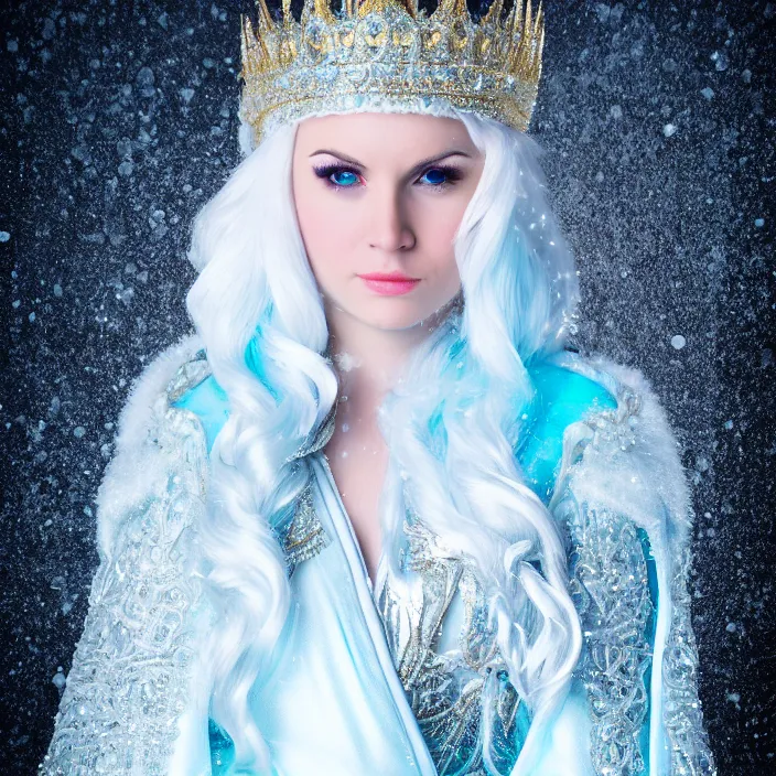 Prompt: professional photograph of a real - life ice queen with ornate robes. extremely detailed. dslr. 2 0 0 mm 8 k