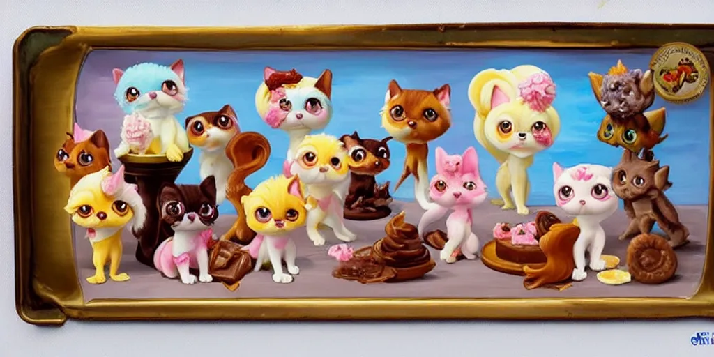 Prompt: ice cream made in the shape of 3 d littlest pet shop cats and dogs and squirrels, realistic, melting, soft painting, desserts with chocolate syrup, toppings, ice cream, master painter and art style of noel coypel, art of emile eisman - semenowsky, art of edouard bisson
