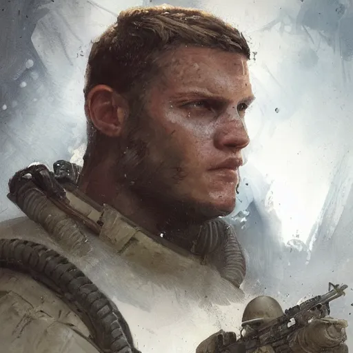 Image similar to portrait of a man by greg rutkowski, alexander ludwig as a colonial marine from aliens franchise, he is about 3 0 years old, military composure, wearing the tactical gear of the colonial marines, highly detailed portrait, digital painting, artstation, concept art, smooth, sharp foccus ilustration, artstation hq