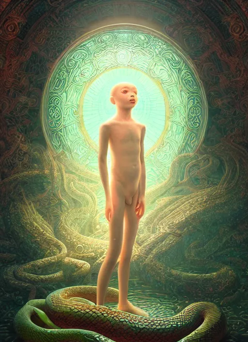 Image similar to hyperreal ultra detailed hypnagogic recollections from the waters of the unconscious. a 3 d psychopomp watching on. an ancient child. prismatic crystal light projections, a doorway threshold, a snake, sharp focus, global illumination, ornate, art by shaun tan, fenghua zhong and daniel merriam and dan mumford octane render