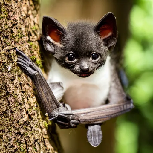 Image similar to a photo of a bat kitten sitting in the forest