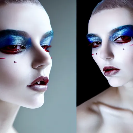 Image similar to high fashion photography of a model in neo futurism white sci - fi makup, transparent cloth, beautifully lit