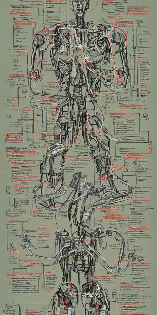 Image similar to anatomy of the terminator, robot, cyborg, t100, diagrams, map, marginalia, sketchbook, old script, inhabited initials, pastel infographic by Wes Anderson and victo ngai