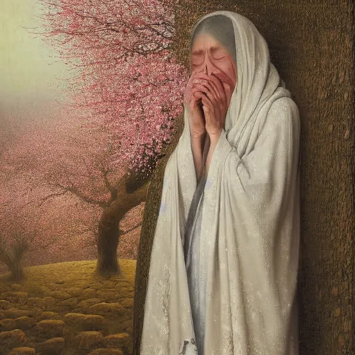 Image similar to a crying woman in a white gown kneeling at a beautiful shrine under a cherry blossom tree, rainy wet, ultradetailed, hd 8 k, agostino arrivabene, oil on canvas, detailed brushstrokes