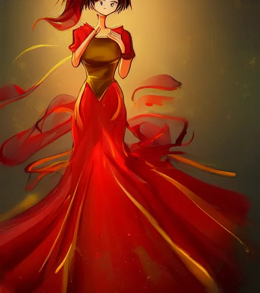 Prompt: a woman wearing a golden dress and a red shirt, anime art, digital painting, hd, stunning, tran ross