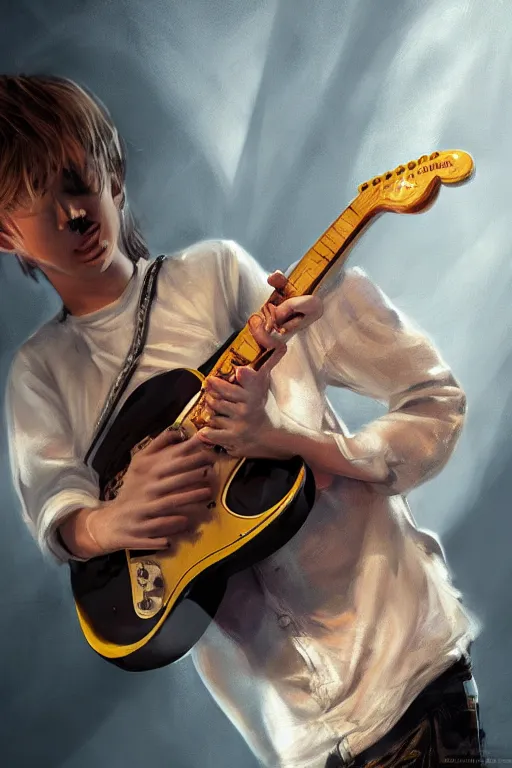 Prompt: blonde wild hair boy playing fender stratocaster, eye - patch, close - up portrait, plain white tshirt, powerfull, intricate, elegant, volumetric lighting, scenery, digital painting, highly detailed, artstation, sharp focus, illustration, concept art, steve mccurry