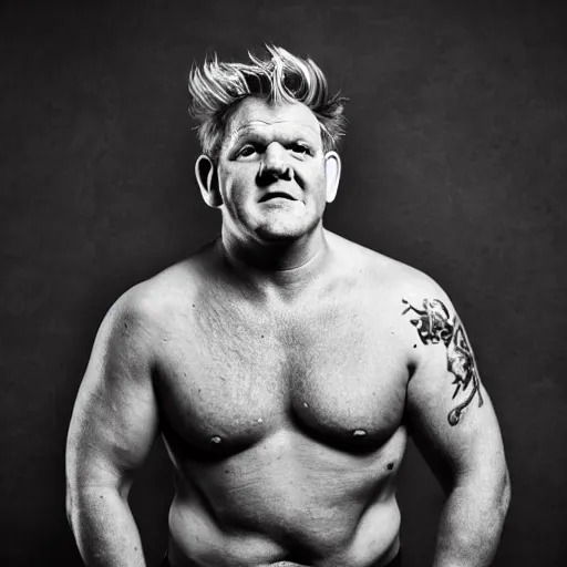 Prompt: full Portrait photography of someone who has the face of Gordon Ramsay, the body of an orc, ogre body