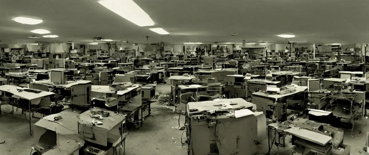 Image similar to movie still 4 k uhd 3 5 mm film color photograph of an abandoned computer laboratory full of 4 0 s decade of xx century vacuumtube computers