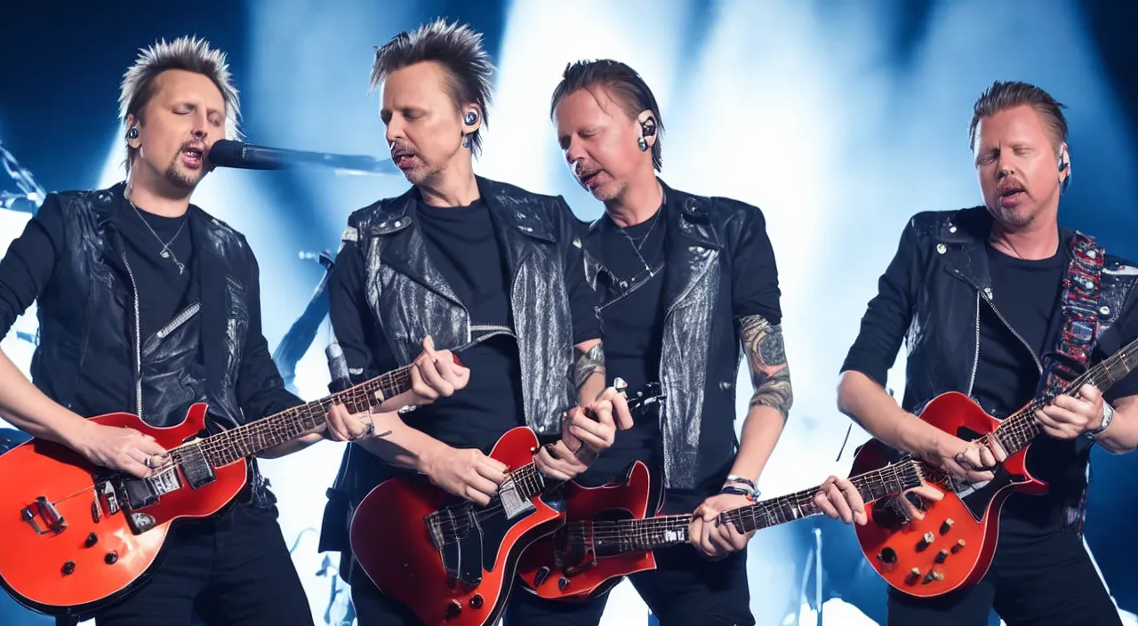 Prompt: matt bellamy and james hetfield playing on stage together, 2 0 2 2 live music video, shot on sony a 7