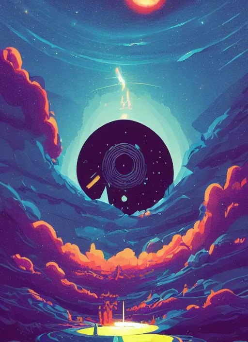 Prompt: a beautiful ultradetailed matte painting of a black hole swallowing a star, colorful and bright, clouds in the distance dark fantasy, d & d, artstation, art by petros afshar, tom whalen, laurie greasley and greg rutkowski and ilya kuvshinov