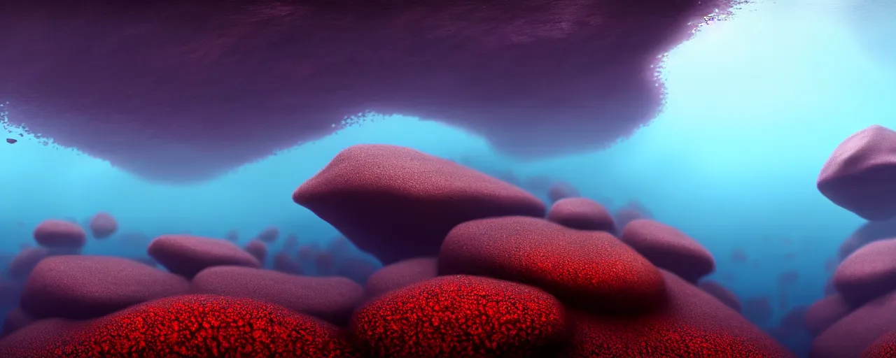 Image similar to A gorgeous detailed oil of a dark red sea covered in big blue steep rocks, a school of piranhas underwater, the further away the mistier it gets, surreal, concept art, dark aesthetic, atmospheric, moody, hyperrealism, highly detailed, masterpiece, award winning, 4k, unreal engine